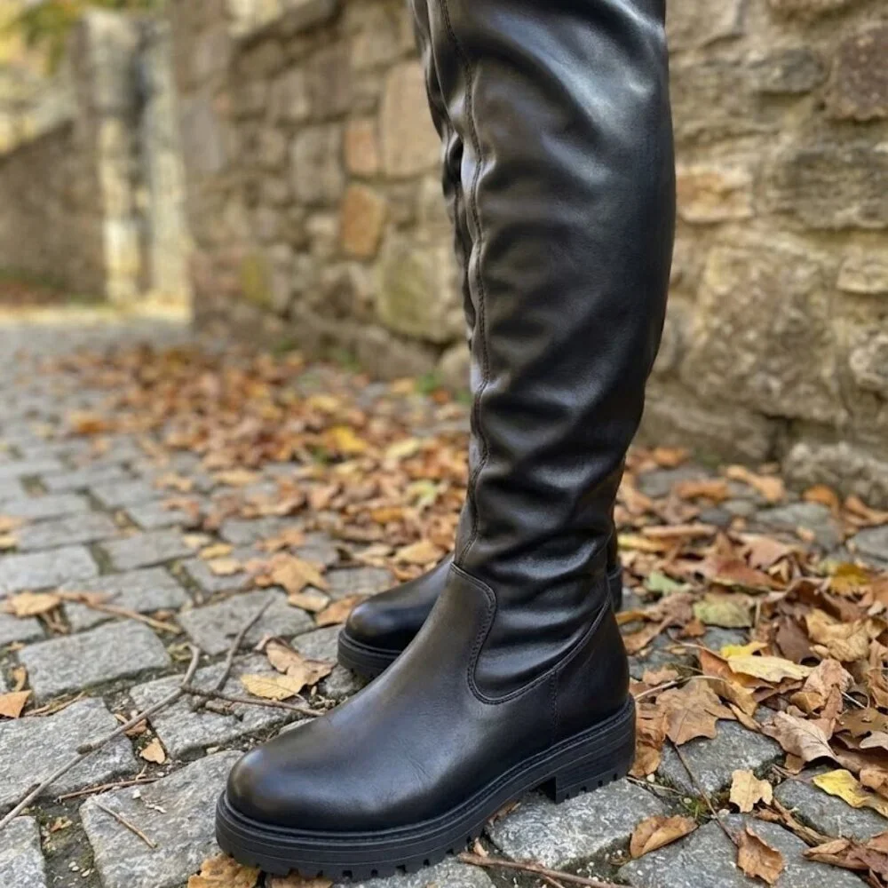NWT Wild Diva Black Over The Knee Boots Chunky Lug Sole Thigh High Combat